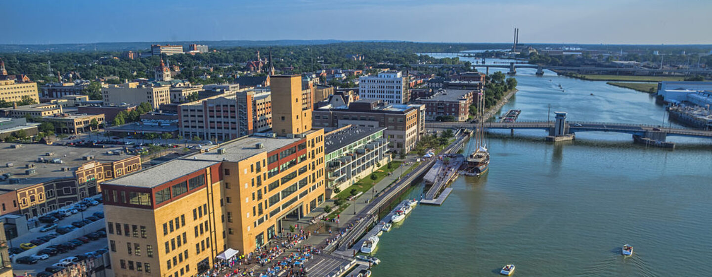 Aerial photo of Green Bay waterfront area on sunny day