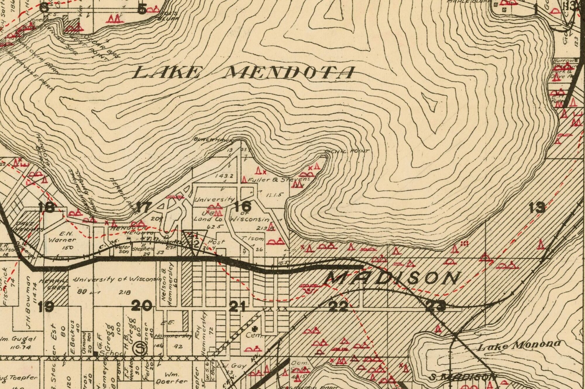 Vintage archeological survey map of area surrounding campus depicting campus buildings, roads and areas where Indigenous peoples lived.