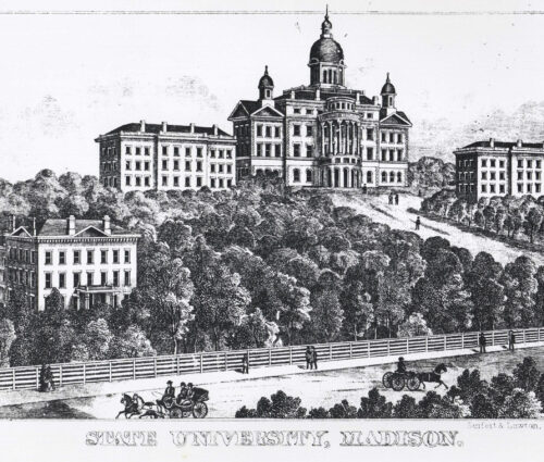 Historical line drawing of UW–Madison's early campus buildings including South Hall, North Hall and Bascom Hall seated atop College Hill.