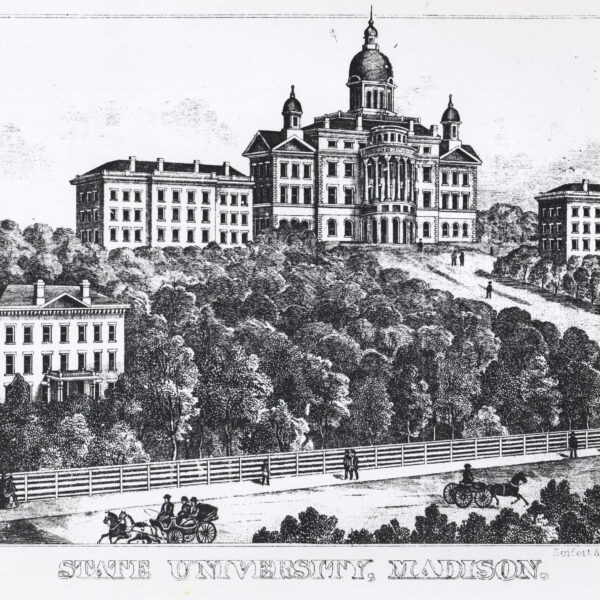 Historical line drawing of UW–Madison's early campus buildings including South Hall, North Hall and Bascom Hall seated atop College Hill.