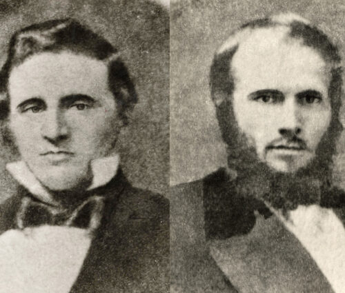 Grainy grayscale side by side portraits of Levi Booth and Charles Wakeley.