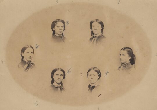 Portrait collection of UW–Madison's first six female alumnae on aged paper.