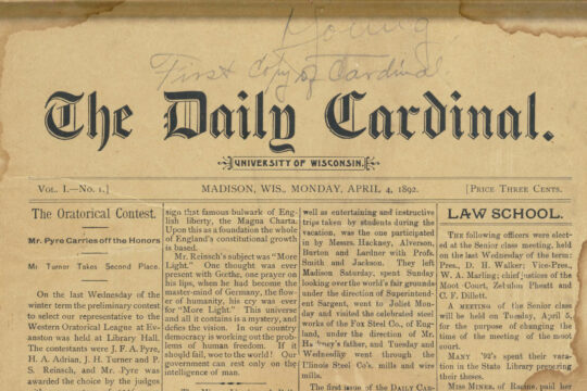 Front page of Daily Cardinal newspaper from April 4, 1892 showing signs of age with slight water damage along edges.