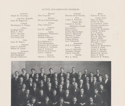 Page from 1911 Badger yearbook featuring group photo of International Club active and associate members including Guok-Tsai Chao.