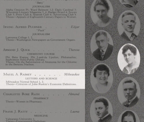 Page from 1919 Badger yearbook featuring portrait of Mabel Watson Raimey and seven other students.