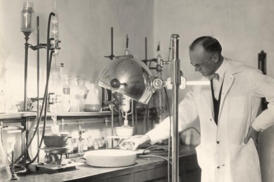 Harry Steenbock standing in laboratory looking down while pouring substance from glassware into container.