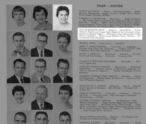 Page from 1957 Badger yearbook featuring portrait of Ada Deer and fellow students.