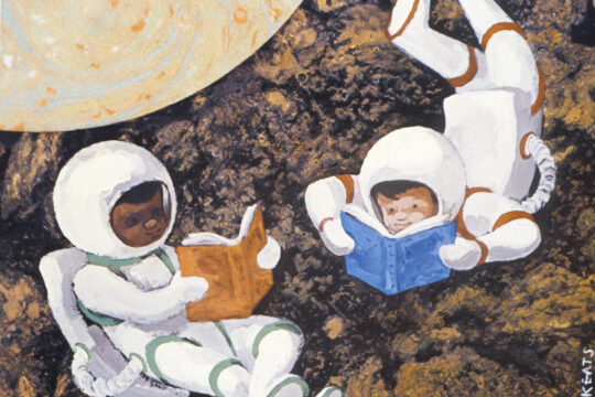 1970's promotional poster with illustration of two children reading books while dressed as astronauts reads, Summer reading is out of this world.