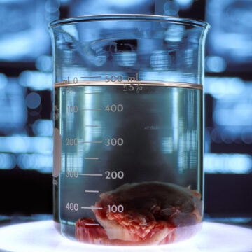 Canine kidney submerged in laboratory glassware filled with 500ml of semi-transparent liquid solution.