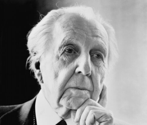 Grayscale portrait of Frank Lloyd Wright.