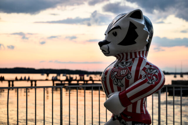 Bucky Badger statue at Goodspeed Family Pier and Lake Mendota during summer sunset.