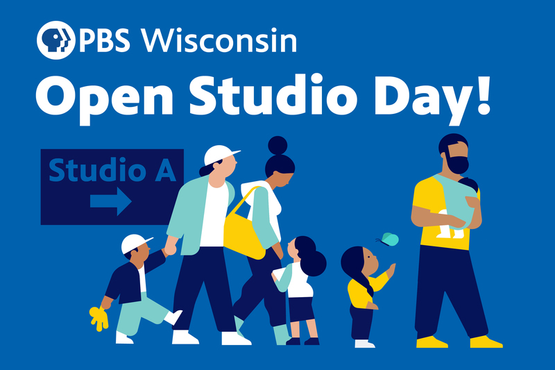 A blue graphic featuring multiple people and children attending the PBS Wisconsin Open Studio Day.