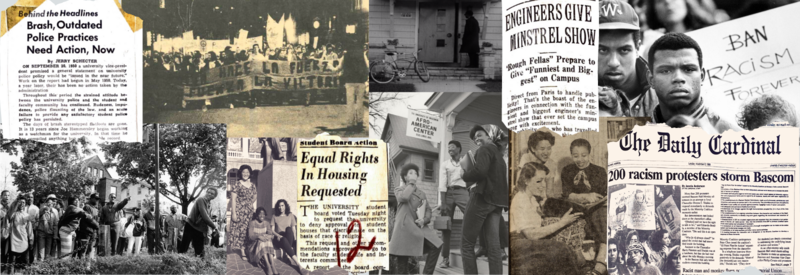 A collage of photos from the past, featuring freedom marches and protests, with equal rights newspaper clippings mixed throughout.