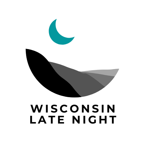 A photo of the Wisconsin Late Night logo, featuring black shapes and a turquoise moon.