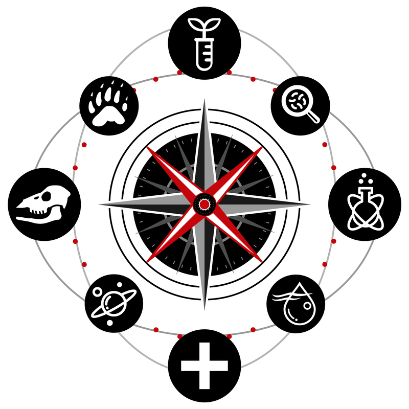 Compass rose with different science-related icons surrounding it relating to botany, microbiology, palentology, astronomy, water, and a badger footprint.