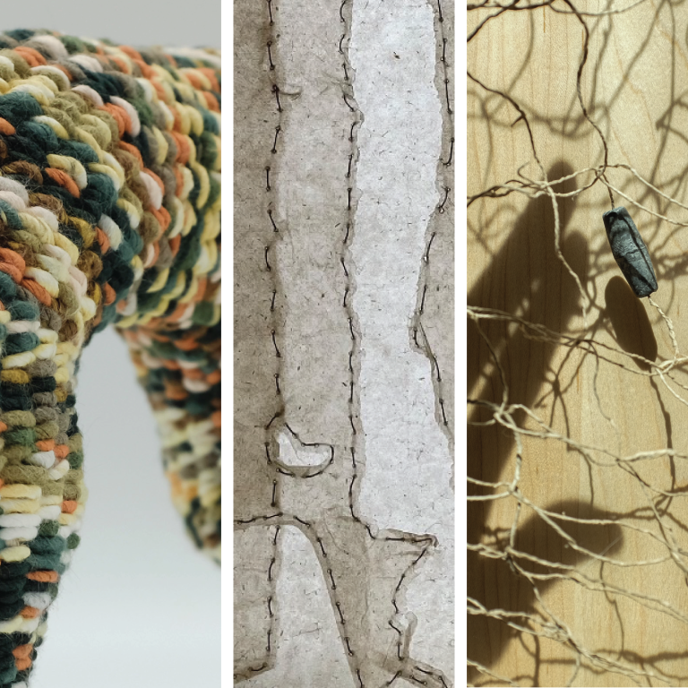 graphic showing three images from left to right: image of a woven sculpture, translucent, sewing paper, and a woven net