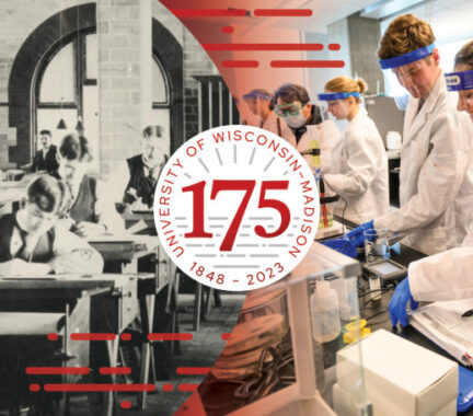A photo illustration shows an archival ohoto of students studying at their desks next to a recent campus photo of students working in a chemistry lab. In the middle is the round logo for the University of Wisconsin's 175th anniversary.