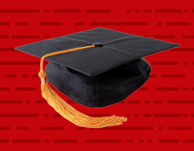 Black graduation cap with orange-yellow tassel against illustrated red background.
