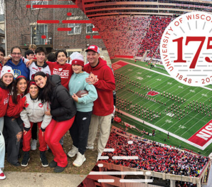 A photo collage of two photos. On the left is a photo of a group of 12 people grouped together and smiling to the camera. They're wearing red and white Badger gear at a tailgate party. On the right is an aerial photo of the Camp Randall football stadium filled with fans. In the upper righthand corner is a logo for the 175th anniversary of the University of Wisconsin. It's a white circle with red tex that reads 175. Around the edges are the words University of Wisconsin–Madison 1848-2023.