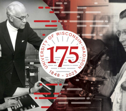 A collage of two black and white photos showing women scholars at work, one in a computer lab giving instruction to a man standing behind her and the other standing alone in front of a microscope. Overlaid on the images is a logo for UW's 175th anniversary celebration. It's a white circle with University of Wisconsin–Madison 1848-2023 written around the outer edge and the number 175 in the center.