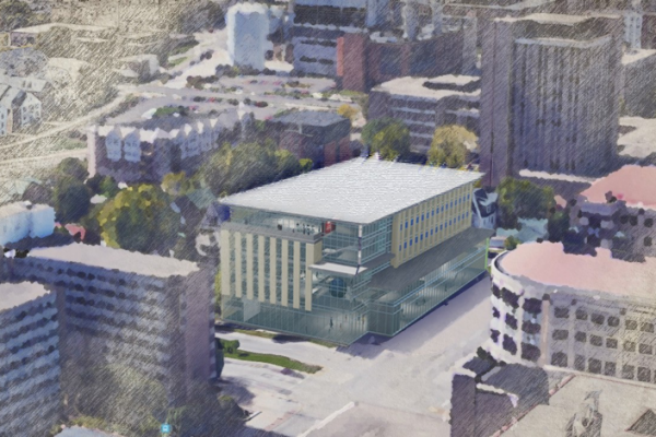 A CGI rendering of the future Levy Hall building.