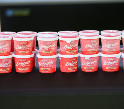 Two tidy rows of frosty, single-serve Babcock ice cream cups sit on a table. The labels are red with white font and read Babcock Ice Cream.