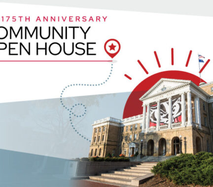 A photo illustration shows a cutout of Bascom Hall with an illustrated rising sun behind the building and a dotted line leading to a location pin next to the words 175th Anniversary Community Open House.