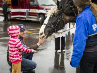 175 Open House - Patrol Horse Child and parent meeting mounted patrol horse alongside an officer.