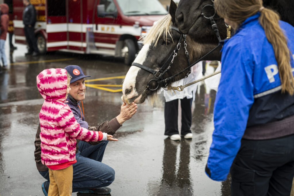 Child and parent meeting mounted patrol horse alongside an officer.