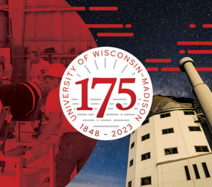 In this artist's rendering, a black and white photo from the 1960s shows men pushing a large telescope across a warehouse floor. It's tinted red and juxtaposed with a full color photo of the SALT telescope against a starry sky. Red dashes across the image add a sense of motion. Superimposed is the UW–Madison 175th anniversary logo in red and white.