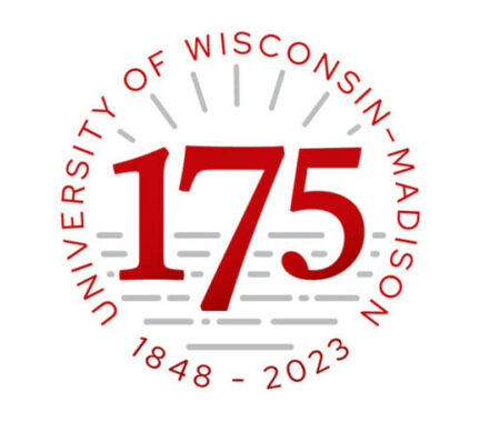 A graphic element with the number 175 in large characters ringed with the words "University of Wisconsin–Madison 1848-2023"